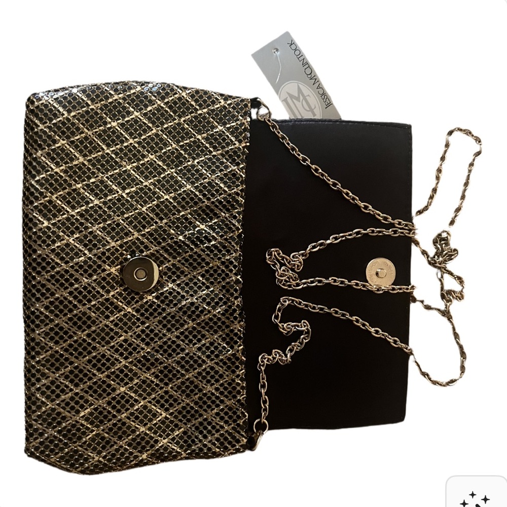 Jessica McClintock Black and Gold Chain Clutch